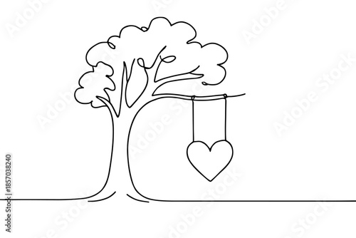 Minimalist tree with heart-shaped swing, a symbol of love and nature's beauty