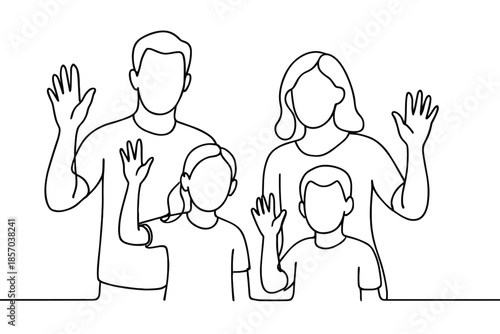 Simple line drawing of a happy family waving hello, representing togetherness and connection
