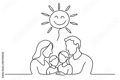 Happy family with two children under a smiling sun, minimalist line art illustration