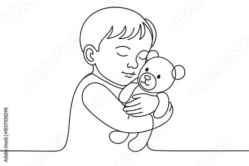 A child's tender embrace of a beloved teddy bear in a simple line art style