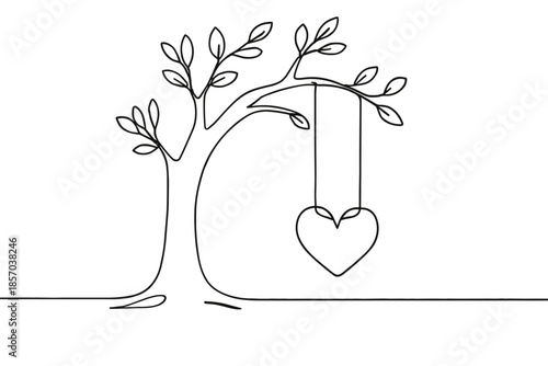 Minimalist continuous line drawing of a tree with a heart-shaped swing hanging from a branch