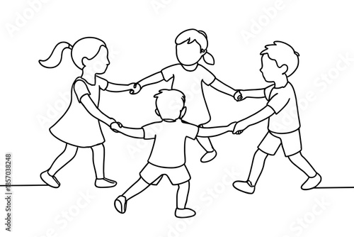 Children holding hands in a circle, dancing and playing together in a line art style