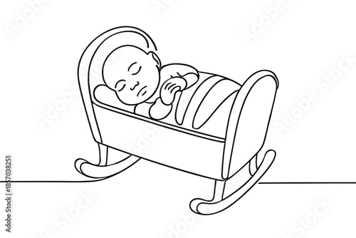 Simple line drawing of a newborn baby peacefully sleeping in a rocking cradle