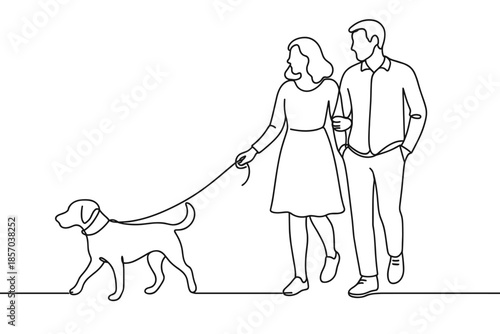 Couple walking their dog on a leash in a minimalist line art style