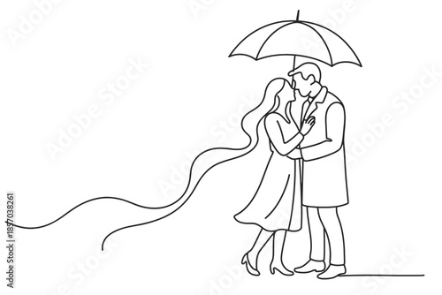 Romantic couple sharing a kiss under an umbrella in a minimalist line art style