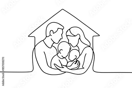 Minimalist line art of a loving family of four embracing under a house roof outline