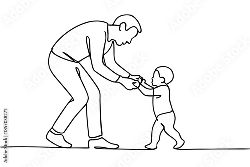 Father and baby taking first steps together, a heartwarming moment captured in simple line art