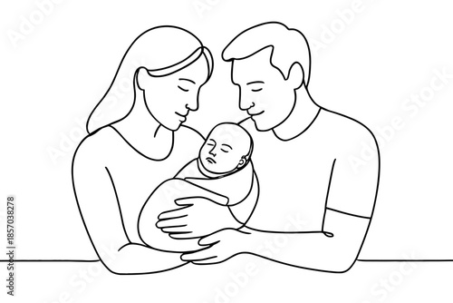 Loving parents tenderly embrace their newborn baby in a minimalist line art illustration