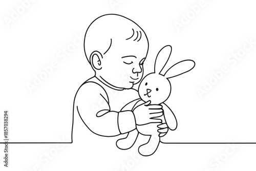 Sweet baby holding a stuffed bunny rabbit in a simple line art drawing