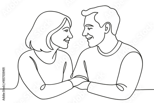 Couple holding hands and looking at each other with smiles in a continuous line drawing style