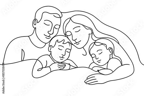 Loving family with two children sleeping peacefully under a blanket, line art style
