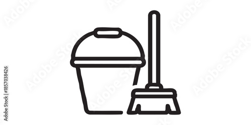 Bucket and broom thin line icon, spring season concept. Vector graphics. Floor cleaning work, housework sign on white background, style icon mobile or web desig