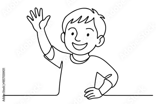 Friendly cartoon boy waving hello with a big smile, simple line art illustration
