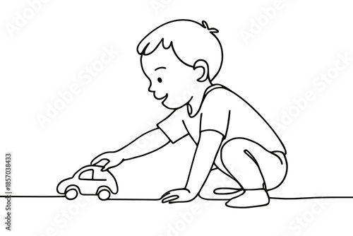 Joyful toddler boy playing with a toy car in a simple line art style