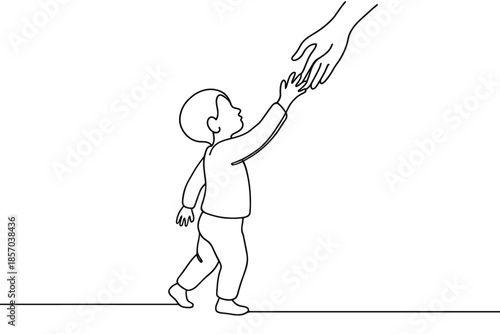 Child reaching for adult hand in simple line art drawing