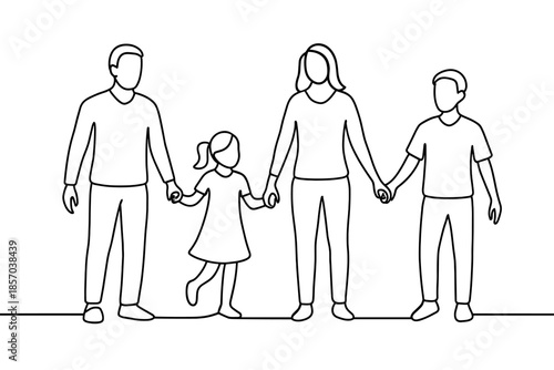 Simple line drawing of a diverse family holding hands, representing unity and togetherness
