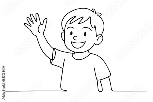 Happy cartoon boy waving hello with a big smile, simple line art illustration