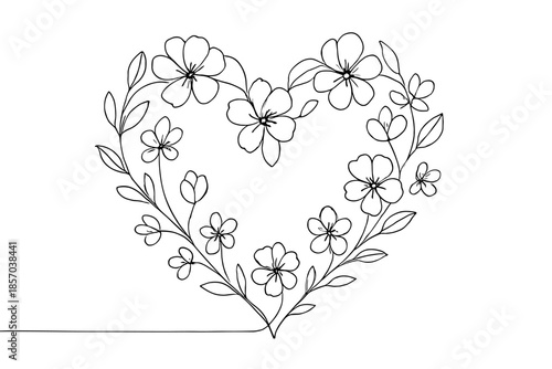 Delicate floral heart outline with blooming flowers and leaves, simple line art