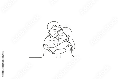 Simple line art illustration of a young couple embracing with eyes closed in affection