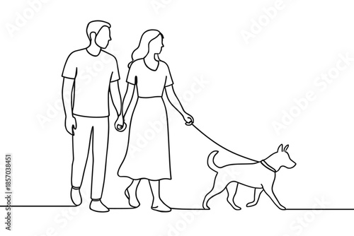 Couple holding hands while walking their dog on a leash in a minimalist line art style