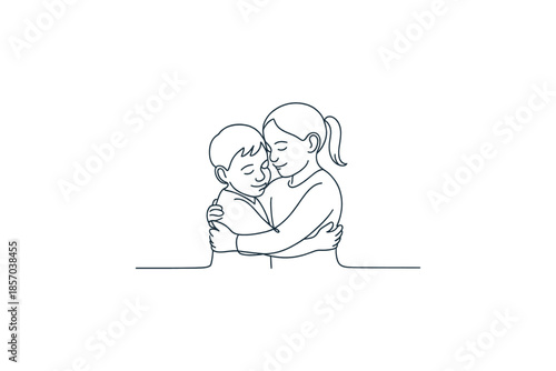 Simple line drawing of a sister hugging her younger brother with eyes closed