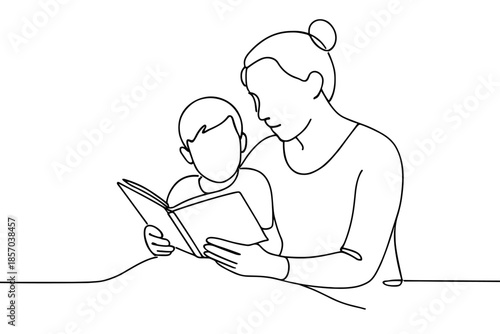 Mother and child reading a book together in a minimalist line art style