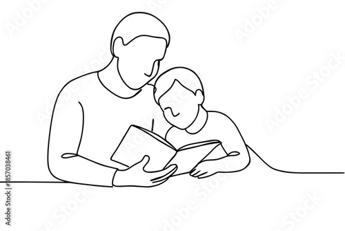 Father and son reading a book together in a simple line art style