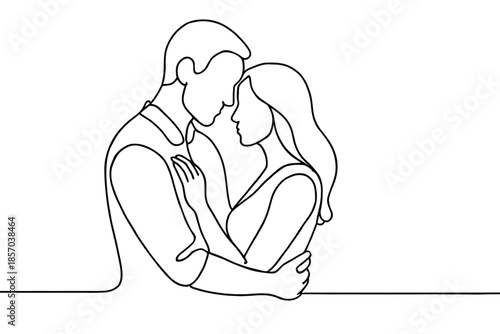 Minimalist continuous line drawing of a couple embracing tenderly with closed eyes