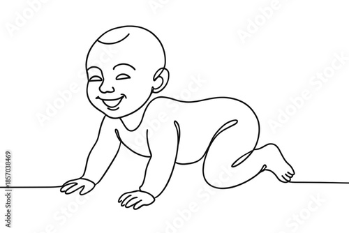 Joyful baby crawling in a simple, continuous line art style with a happy expression