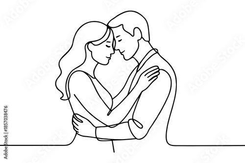 Elegant line art illustration of a couple embracing tenderly with closed eyes