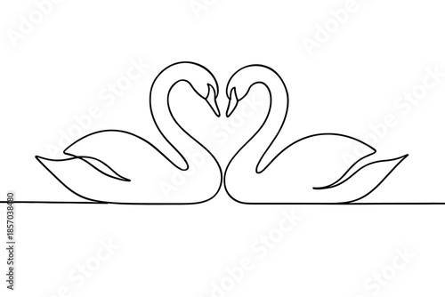 Elegant continuous line drawing of two swans forming a heart shape, symbolizing love and romance