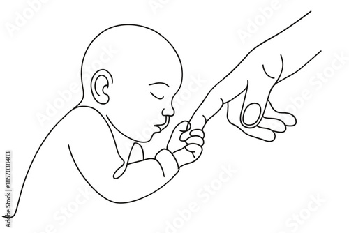 Gentle connection: a baby's hand grasps an adult's finger in a tender moment