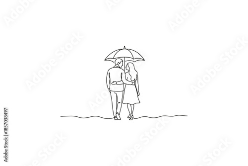 Couple walking under an umbrella, a minimalist line art drawing of romance and togetherness