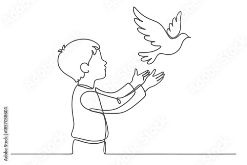 Single line drawing of a child releasing a dove into the sky, symbolizing hope and freedom