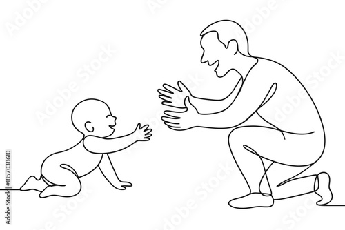 Father and baby reaching for each other in a heartwarming single line drawing