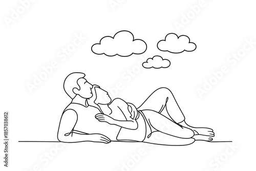 Couple embracing and looking up at the sky with clouds, minimalist line art style