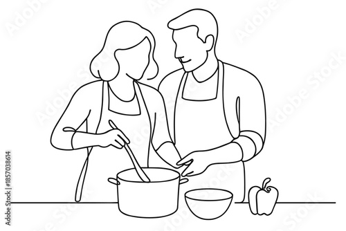 Couple in aprons cooking together, stirring pot with spoon, simple line art illustration