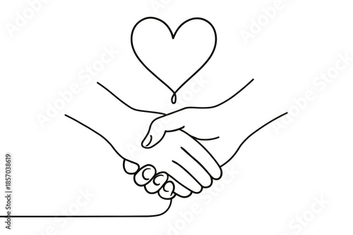 Symbolic handshake with heart above, representing love, partnership, and connection