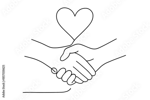 Handshake with heart symbol above, representing trust and partnership in a simple line art style