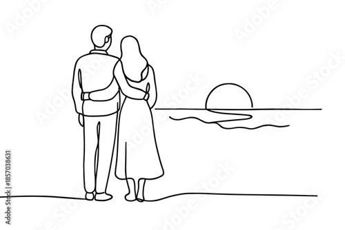 Couple embracing and watching the sunset over the ocean in a minimalist line art style