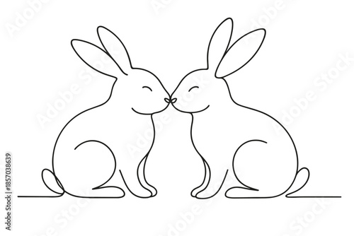 Minimalist line art of two rabbits touching noses with closed eyes and smiles