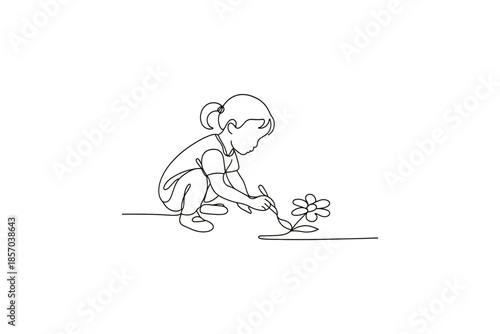 Minimalist line art of a young child drawing a flower with a brush