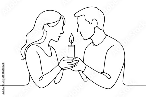 Couple holding a lit candle together in a minimalist line art style