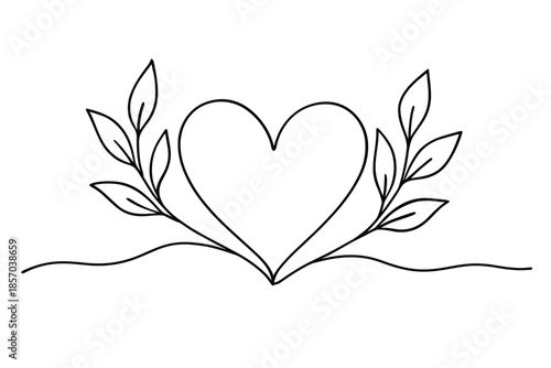 Elegant heart shape with delicate leaves and flowing line art border