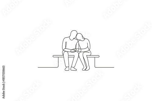 Minimalist line art of a couple embracing on a bench, conveying intimacy and connection