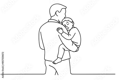 Father holding his sleeping child on his shoulder, simple line art illustration