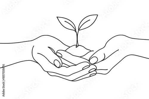 Hands gently holding a small plant seedling growing from soil, symbolizing new life and growth