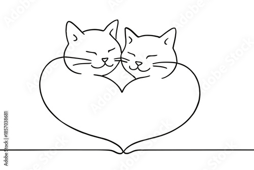 Two cute cats forming a heart shape with their bodies, drawn in a simple line art style