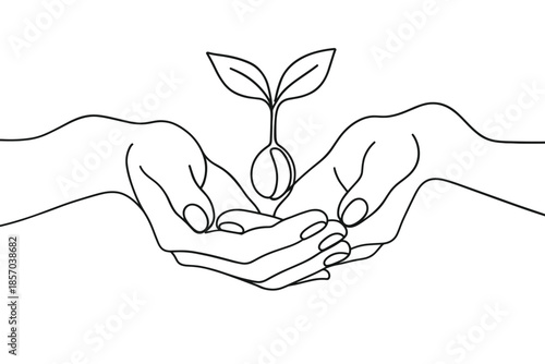 Two hands gently cupping a tiny seedling with two leaves emerging from a seed