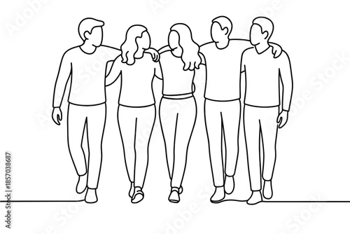 Diverse group of five friends walking together with arms around each other's shoulders